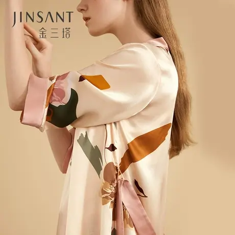 金三塔100%桑蚕丝晨袍 真丝睡衣女蔷薇印花睡袍婚庆家居服新品商品大图