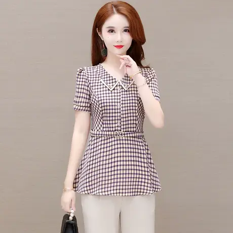 气质减龄格子衬衫女2023夏季新款V领收腰遮肚子短袖时尚大码女装商品大图