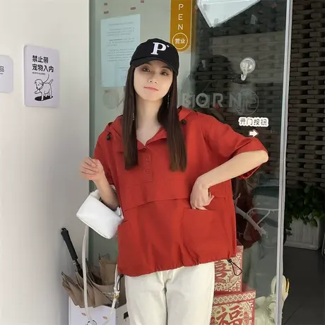 港风短袖t恤女夏季设计感宽松韩版原宿风ins百搭连帽半袖chic上衣商品大图