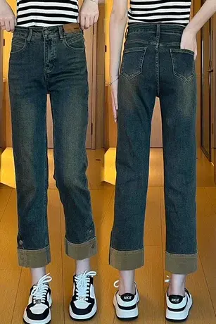 秋装2023新款复古小个子牛仔九分裤女百搭高腰显瘦卷边烟管裤长裤商品大图