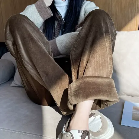 加绒咖色灯芯绒裤子女秋冬季直筒雪尼尔高腰垂感条绒休闲阔腿长裤商品大图