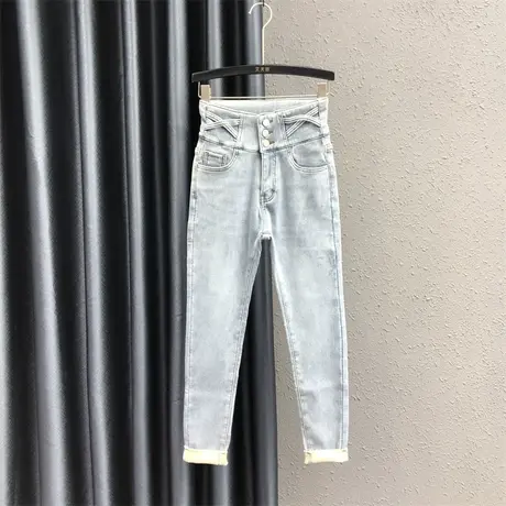 欧货加绒加厚小脚铅笔裤女秋冬新款浅蓝色三粒扣时尚百搭牛仔长裤商品大图