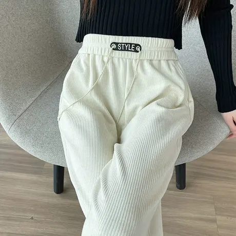 米杏色窄版雪尼尔阔腿裤女秋冬季新款高腰垂感松紧腰休闲直筒裤子商品大图