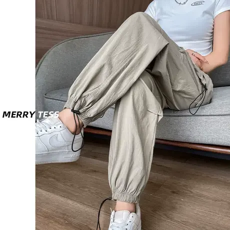 卡其色休闲工装裤女秋季爆款2023年新款设计感束脚修身显瘦直筒裤图片