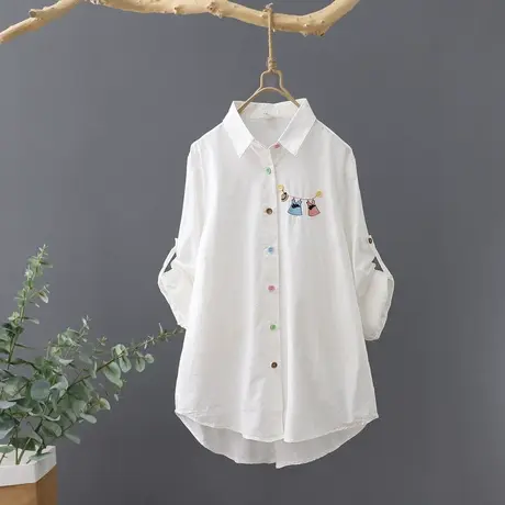 衬衫女秋季新品休闲打底衫宽松长袖短款刺绣韩范白衬衣文艺上衣潮商品大图
