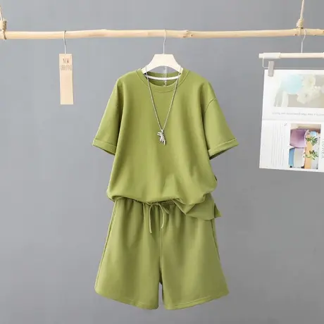 2024夏新款大码宽松运动套装女休闲短袖T恤短裤两件套纯色跑步服商品大图