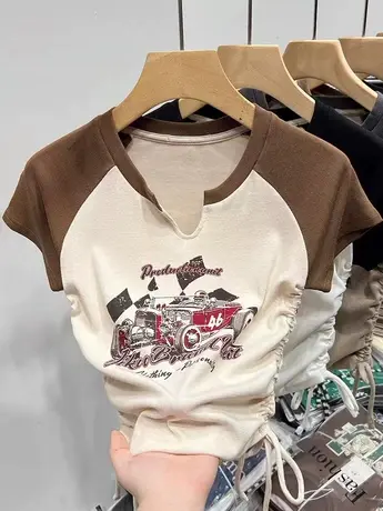 大码女装夏季新款显瘦短袖T恤胖妹妹遮肚收腰U领抽绳短款上衣半袖商品大图