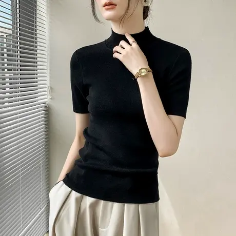 短袖打底衫女夏季修身显瘦西装内搭纯色简约正肩羊毛半高领针织衫商品大图