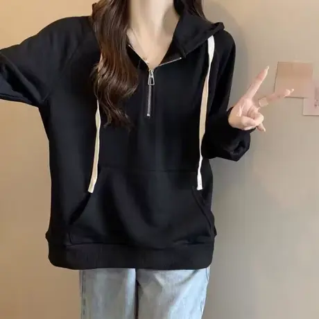 加绒加厚卫衣女秋冬季韩版宽松半拉链连帽上衣百搭插肩袖外套潮牌商品大图