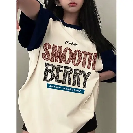 美式复古半袖T恤女oversize大码显瘦插肩袖上衣潮ins撞色纯棉短袖图片