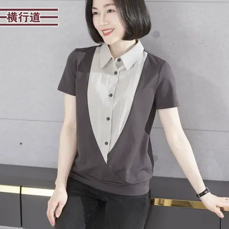 2025新款夏季翻领假两件上衣宽松中年妈妈短袖T恤女大码显瘦外穿商品大图
