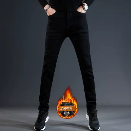 纯黑色加绒加厚牛仔裤男2023秋冬新款弹力修身小脚轻奢休闲裤子男商品大图