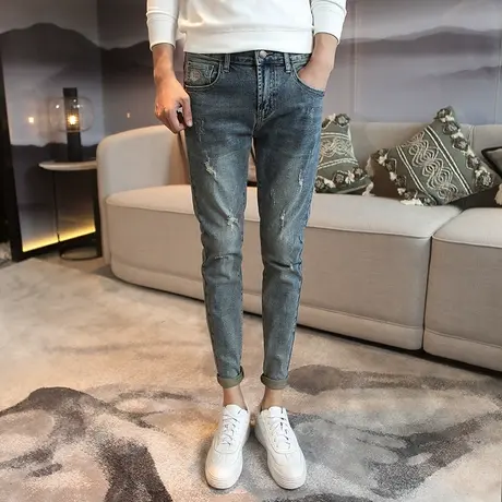 2023春季新款个性刺绣修身小脚牛仔裤男韩版修身破洞猫爪铅笔裤子图片