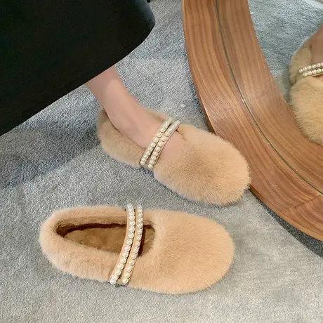 永希毛毛鞋女2023年秋冬季新款仙女气质法式温柔豆豆鞋超软平底鞋商品大图