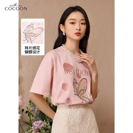 missCOCOON法式绣花短袖t恤女2023夏季新款圆领宽松小众百搭上衣商品大图