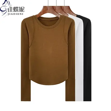 春秋新款圆领修身短款圆弧压线拼接纯棉纯色长袖体恤上衣女打底衫图片