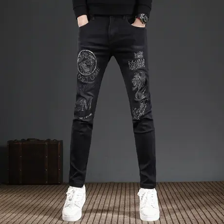 黑色牛仔裤男款秋冬款修身小脚2023新款刺绣烫钻弹力男士裤子痞帅图片