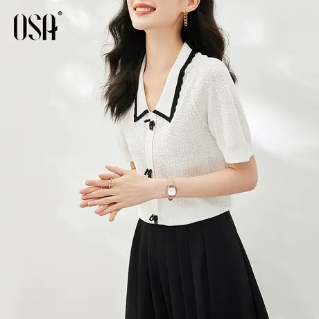 OSA欧莎白色蝴蝶结镂空短袖针织衫女夏季2023年新款显瘦气质上衣商品大图