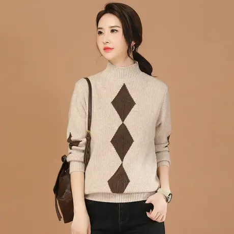 韩潮袭人复古半高领格子套头毛衣女宽松长袖针织衫图片