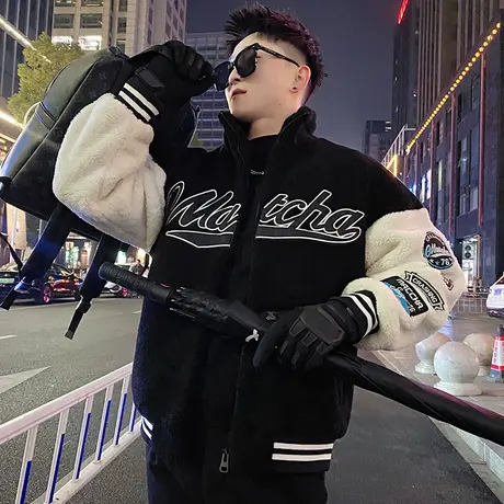 美式宽松字母刺绣贴布设计感摇粒绒棉衣男冬季学生立领羊羔毛外套图片