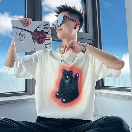 夏季新款潮流宽松短袖T恤时尚小熊印花潮牌男个性半袖上衣体恤商品大图