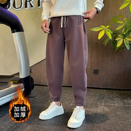 冬季加绒卫裤潮流字母刺绣宽松束脚休闲裤2023个性保暖加厚哈伦裤图片