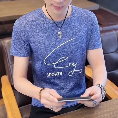 夏季T恤男短袖潮牌上衣韩版冰丝半袖夏装中学生汗衫帅气男装衣服图片