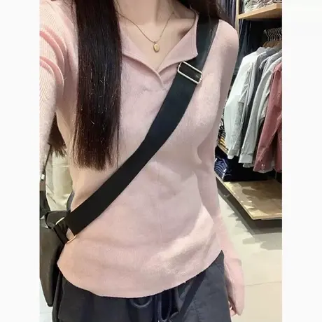 粉色修身内搭打底衫女秋冬季德绒长袖T恤加厚加绒内搭V领上衣秋衣商品大图