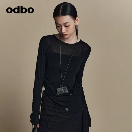 odbo 抽绳小众设计感内搭长袖针织衫女春季新品圆领薄款打底T恤潮商品大图