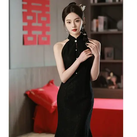 新中式晨袍新娘伴娘婚礼改良旗袍新款2023女夏季性感蕾丝日常黑色商品大图