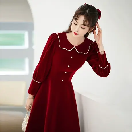 新娘敬酒服高级感平时可穿结婚丝绒订婚回门小个子惊艳红色连衣裙图片