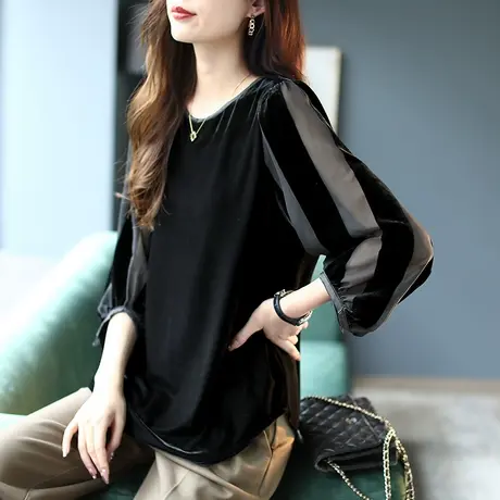 宝诗黎圆领宽松上衣秋丝绒灯笼袖拼接网纱雪纺衫2023黑色新款女装图片