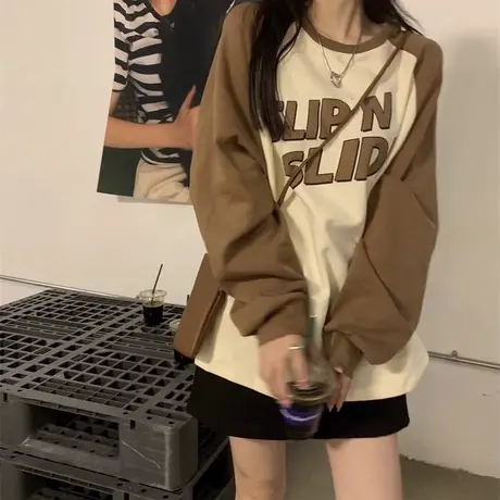 拼色插肩长袖t恤卫衣女春秋2023新款美式复古小众设计感上衣内搭商品大图