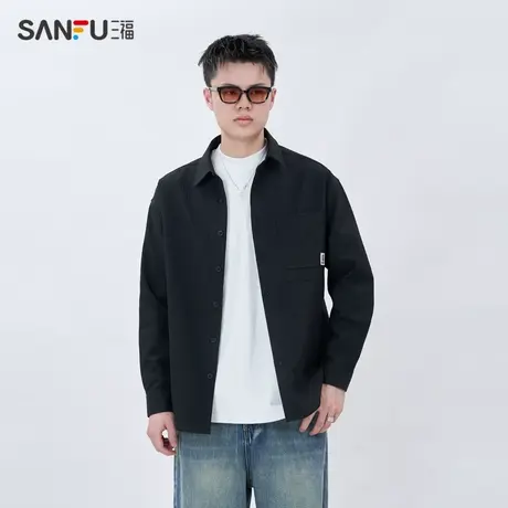 三福2024春季男士休闲格子纹路长衬衫 时尚修身翻领上衣483987图片