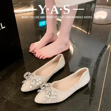 法式气质仙女风尖头单鞋女浅口婚鞋2024新款春秋淑女鞋子平底瓢鞋商品大图