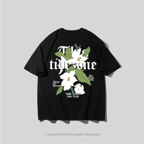 Ohlyah潮牌复古植物花朵短袖T恤男女款夏季宽松休闲情侣半袖上衣图片