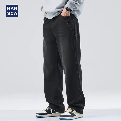 hansca黑色水洗大码牛仔裤男秋季美式复古潮牌直筒宽松休闲长裤子商品大图