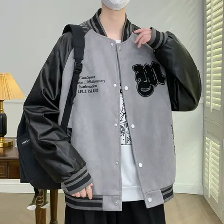棒球服男款春秋季麂皮绒拼接外套男潮牌青少年字母刺绣痞帅皮夹克图片