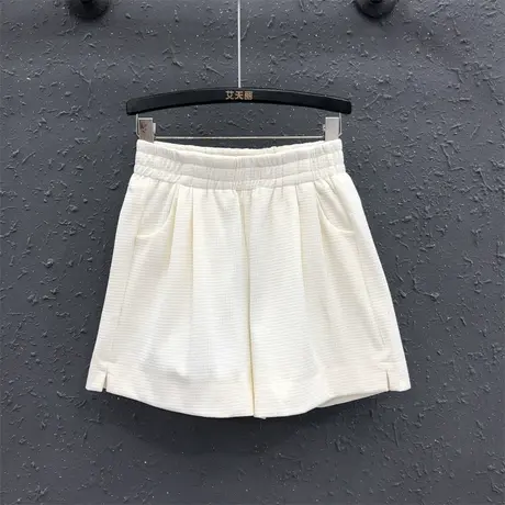 欧货简约4分休闲裤女2024春夏新款米白色松紧腰宽松百搭阔腿短裤图片