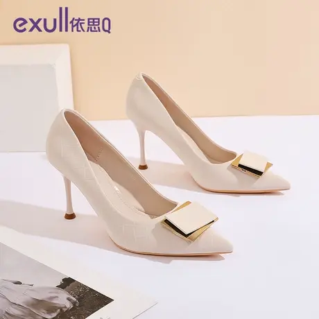 依思q少女高跟鞋8cm细跟防水台气质裸色女神范不累脚浅口尖头单鞋图片