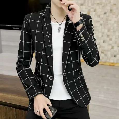 格子西服男士潮流春季2022年新款百搭上衣外套休闲男装英伦小西装商品大图