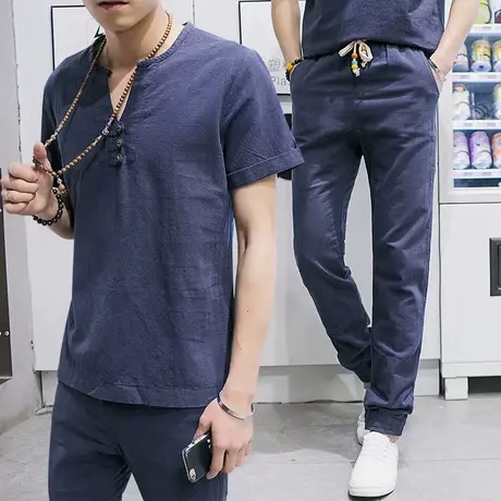 亚麻套装男士短袖t恤2023新款休闲衣服夏季大码中国风男装棉麻潮商品大图