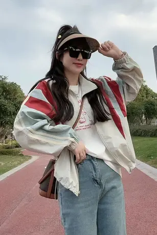 欧货百搭宽松薄款防晒服透气外套夏季拼接撞色防晒衣女款户外开衫图片