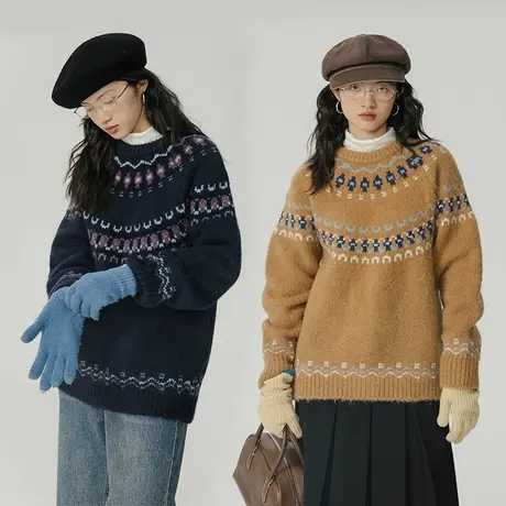 omont蛋挞家 费尔岛圣诞圆领提花毛衣女秋冬宽松粗针套头毛衣潮图片
