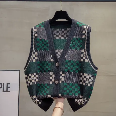 棋盘格v领针织开衫马甲背心2023春秋新款宽松马夹外穿毛衣坎肩潮商品大图