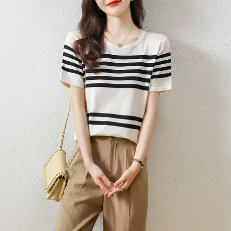 夏季女士宽松短袖薄款条纹t恤显瘦百搭针织衫韩版休闲新款上衣图片