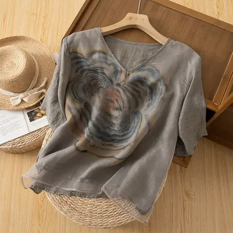 享永子短袖印花苎麻T恤女文艺复古宽松显瘦棉麻上衣2023夏季新款图片