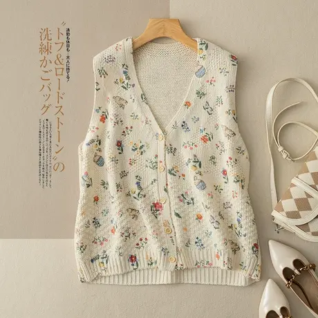 享永子针织印花纯棉背心上衣女外搭休闲马甲文艺复古2023春秋新款商品大图
