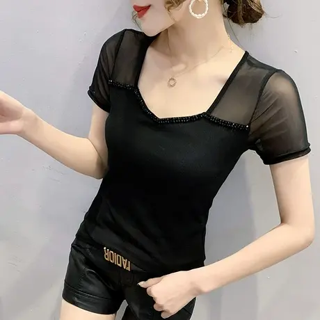 2023夏装新款手工钉珠T恤女短袖性感V领网纱上衣洋气显瘦半袖小衫商品大图