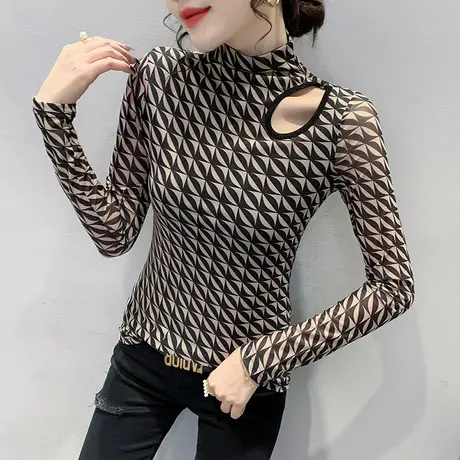 加绒半高领打底衫女秋冬洋气性感镂空内搭上衣潮加厚网纱T恤长袖图片